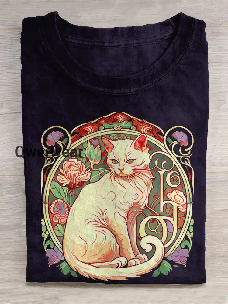 Divine White Cat With Rose Round Neck Short Sleeve Casual T-Shirt Deep Purple / S
