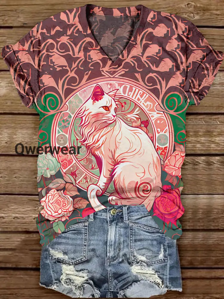 Divine White Cat With Rose V-Neck Short Sleeve Casual T-Shirt Brick Red / S