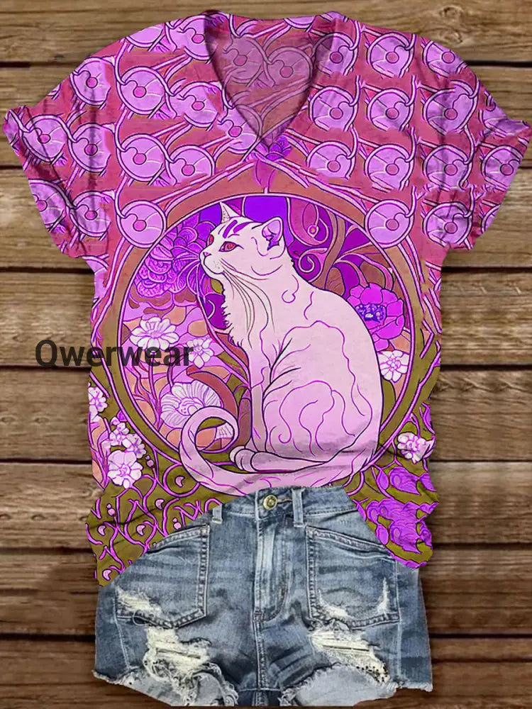 Divine White Cat With Rose V-Neck Short Sleeve Casual T-Shirt Rose Red / S