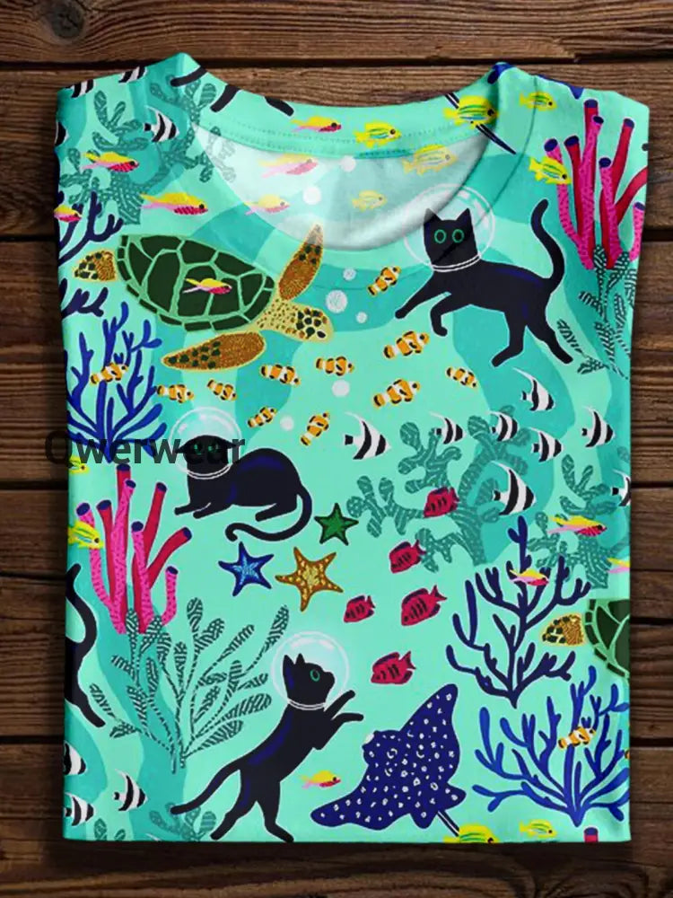 Diving Cat Pattern Crew Neck T-shirt As Picture / S Women\’s Tops