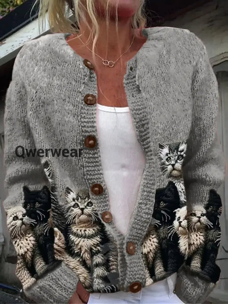 Elegant Retro Cat Print Buttoned Casual Long-Sleeved Knit Cardigan Sweater Grey / S