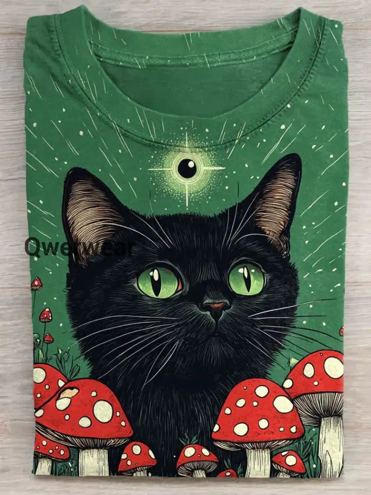 Fancy Mushroom Black Cat Art Print Casaul Short Sleeve T-shirt