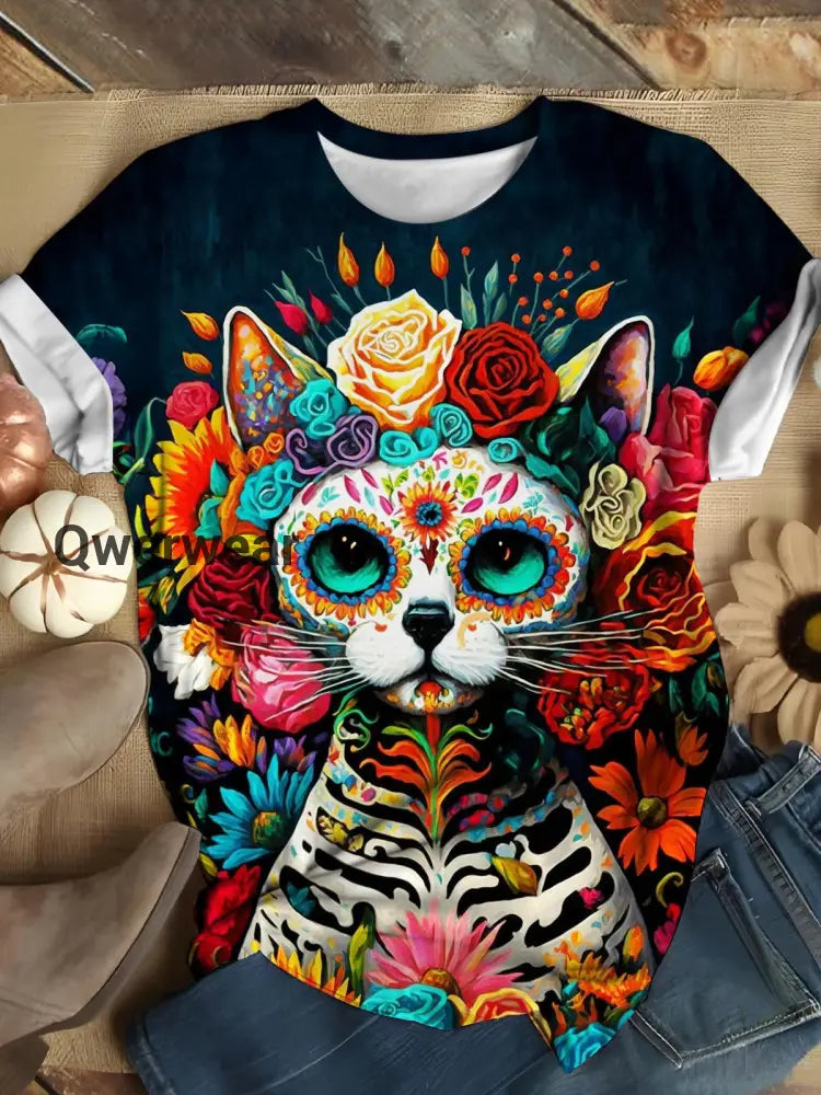 Floral Skeleton Cat Casual T-shirt Mixed Color / S Halloween