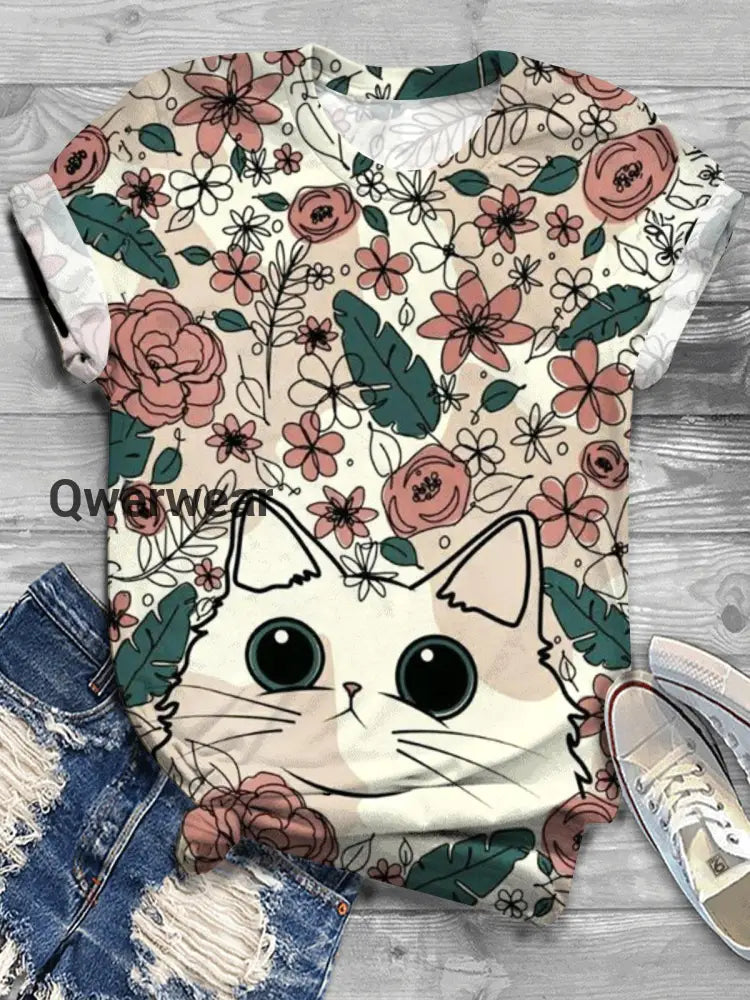 Flower Cat Print Crew Neck T-shirt Mixed Color / S Women\’s Tops