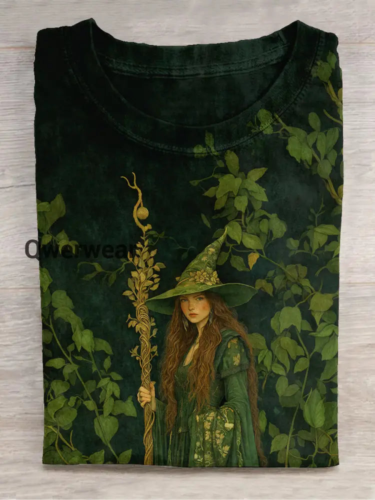 Forest Witch Art Print Unisex Round Neck Short Sleeve Casual T-Shirt Dark Green / S