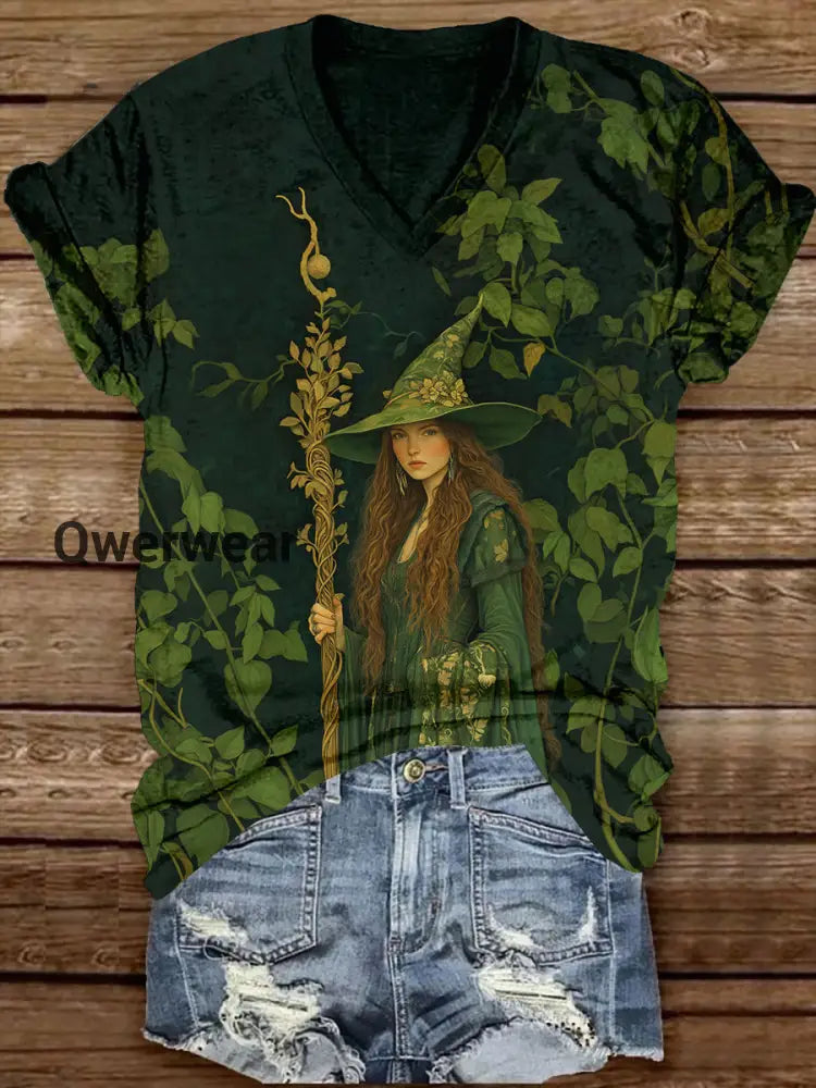 Forest Witch Art Print Unisex V-neck Short Sleeve Casual T-shirt Dark Green / S