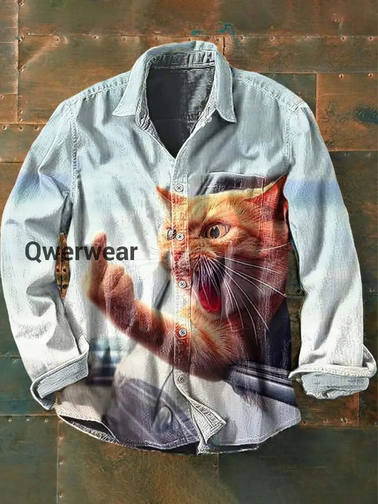 Funny Angry Cat Art Print Casaul Lapel Long-Sleeved Shirt Blue / S Mens shirts