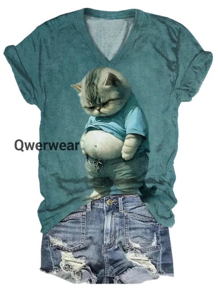 Funny Cat Print V-Neck Short Sleeve T-Shirt multicolor / S Women\’s Tops