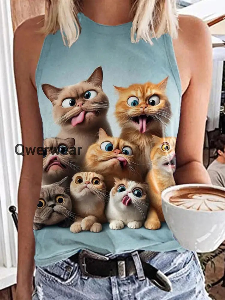 Funny Cats Print Casual Sleeveless Top As Picture / XS Women\’s Tops