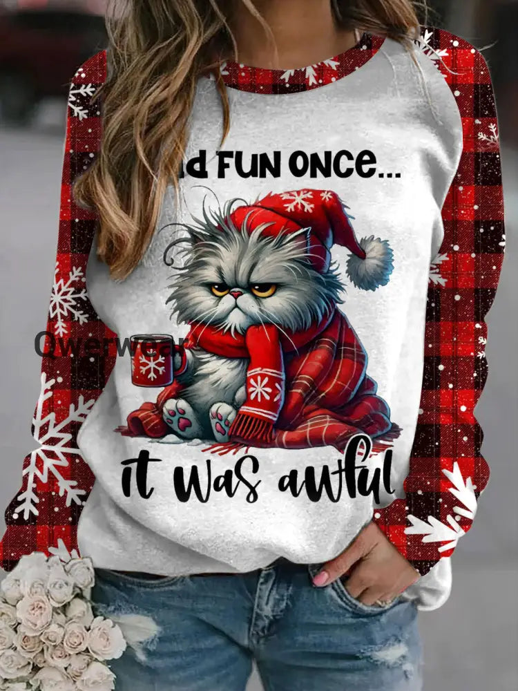 Funny Grumpy Cat Winter Christmas Long Sleeve Casual Top Mixed Color / S Women\’s Tops