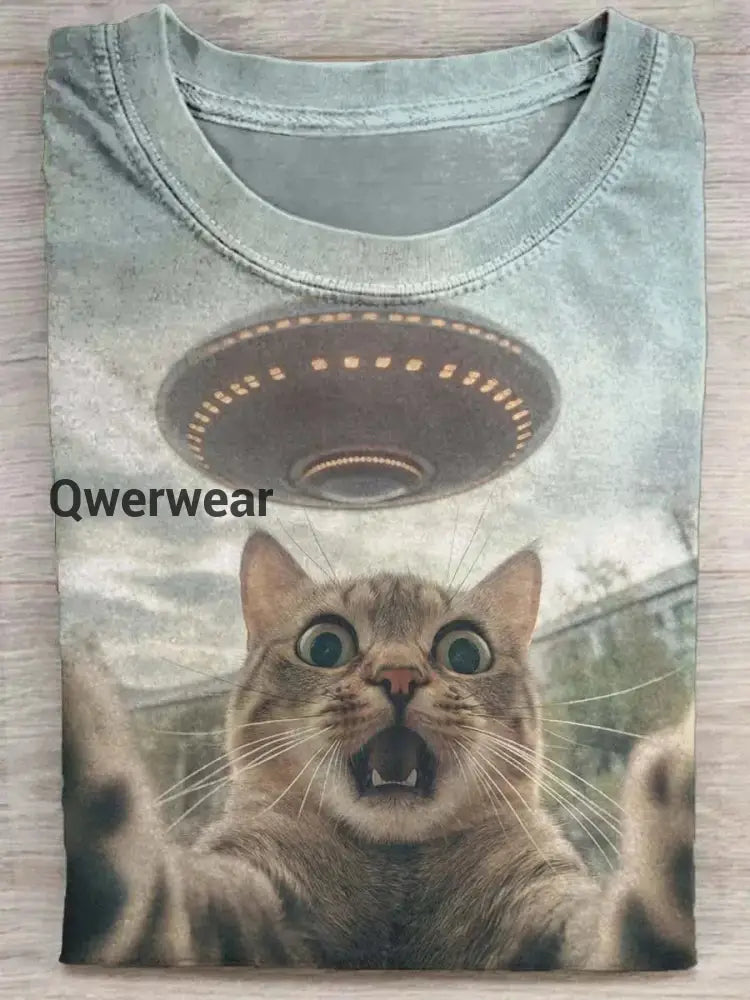 Funny Scared by Spaceship Cat Print Casual Short Sleeve T-Shirt