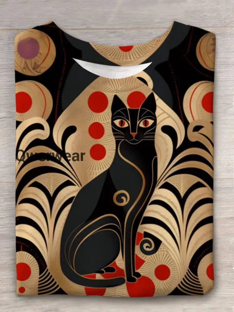 Geometric Art Black Cat Print Crew Neck T-shirt Mixed Color / S Halloween
