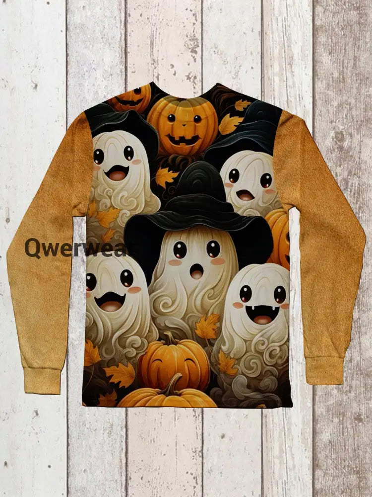 Ghost Pumpkin Art Print Round Neck Long Sleeve Casual T-Shirt Black Orange / S