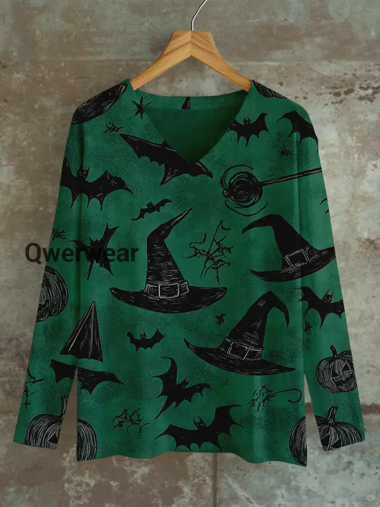 Graphic Art Print Unisex V Neck Long Sleeve Casual T-Shirt Green / S