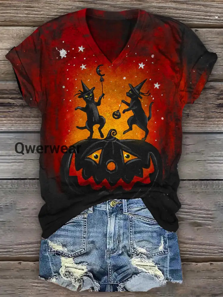 Halloween Fun Pumpkin Cat Print Short Sleeve T-shirt multicolor / S Women\’s Tops
