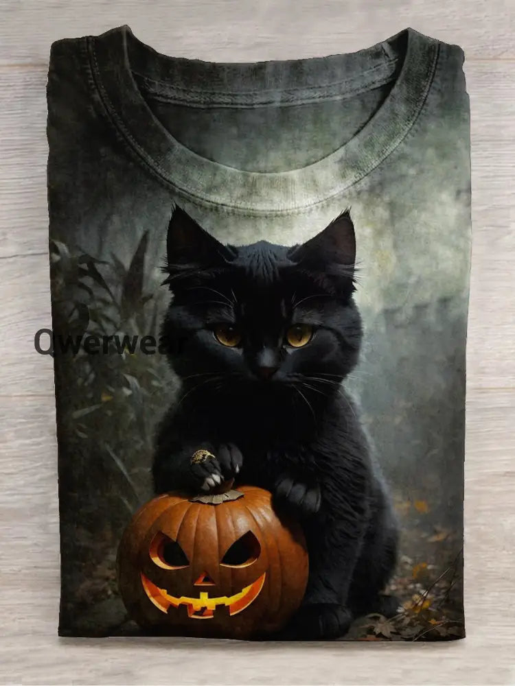 Halloween Pumpkin Monster Black Cat Art Print Unisex Crew Neck Short Sleeve Casual T-Shirt Dark Grey / S