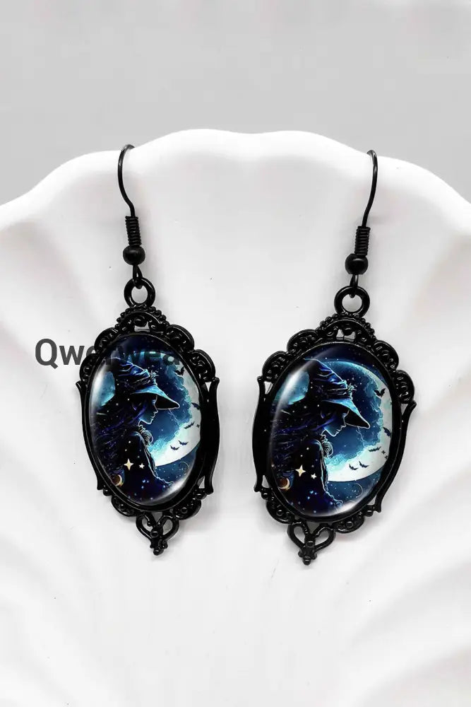 Halloween Witch Oval Lace Earrings Blue / JM