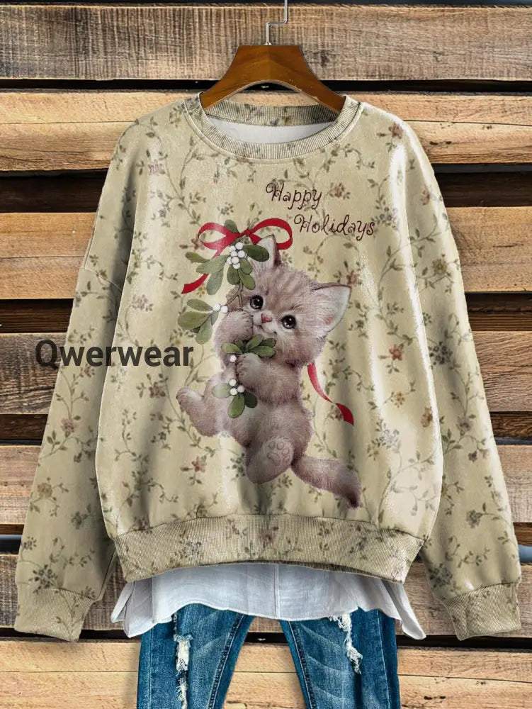 Happy Holidays Cute Cat Vintage Print Long Sleeve Top Mixed Color / S Women\’s Tops