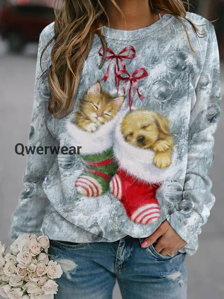 Holiday Sock Kitten Puppy Printed Crew Neck Long Sleeve Casual Sweatshirt As Picture / S Halloween