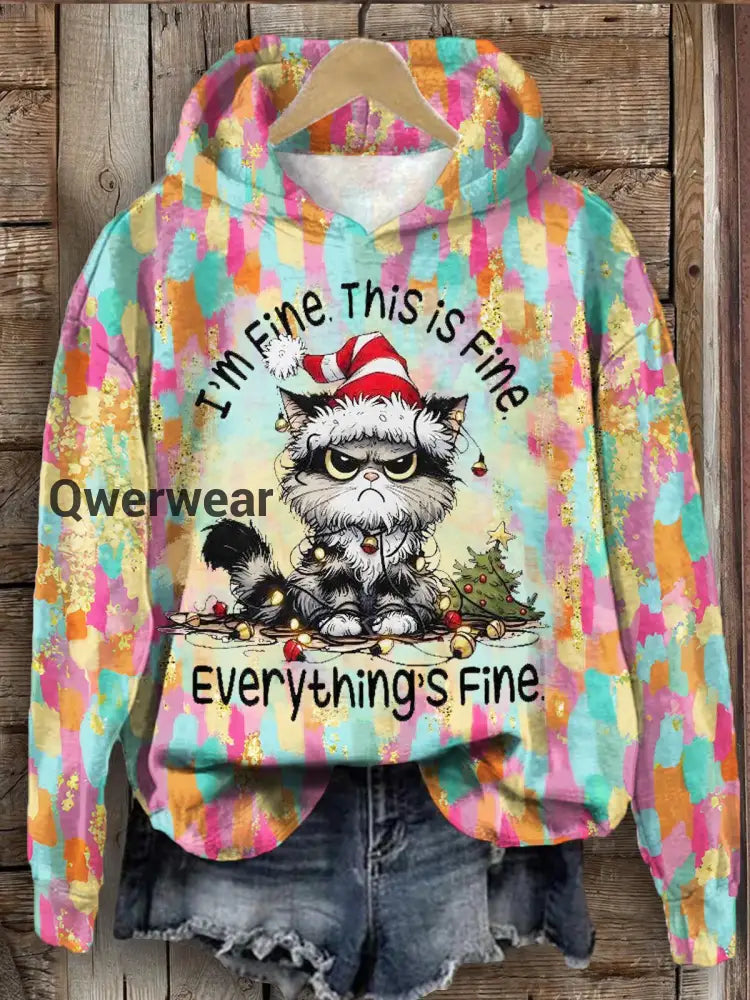 I’m Fine This Is Fine Christmas Cat Print Long Sleeve Top Mixed Color / S Women\’s Tops