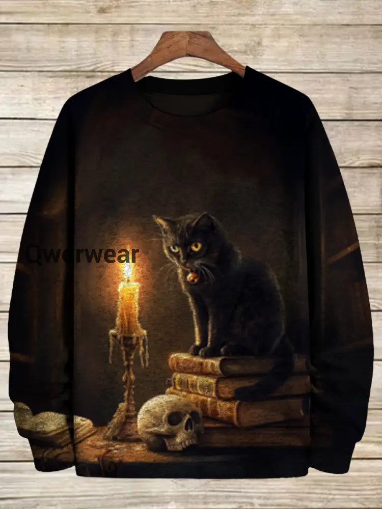 Magic Black Cat Art Shirt Printed Round Neck Long Sleeve Casual Sweatshirt Black / S