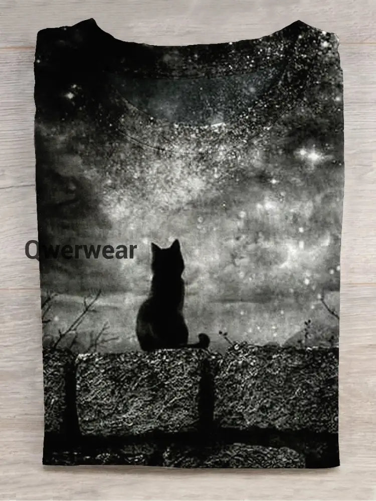 Magic Black Cat Art Shirt Printed Round Neck Short Sleeve Casual T-Shirt Black / S