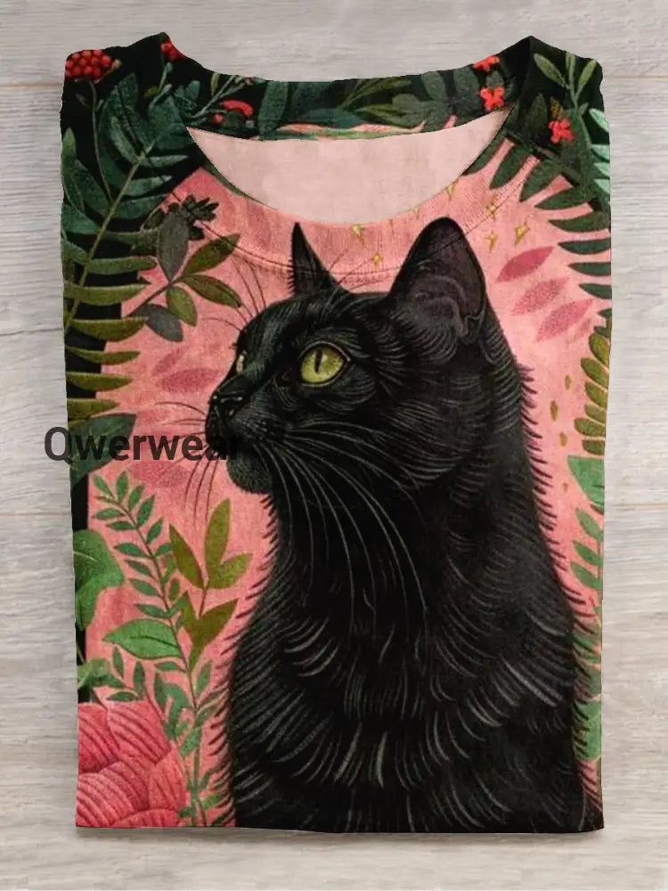 Magic Black Cat Art Shirt Printed Round Neck Short Sleeve Casual T-Shirt Black / S