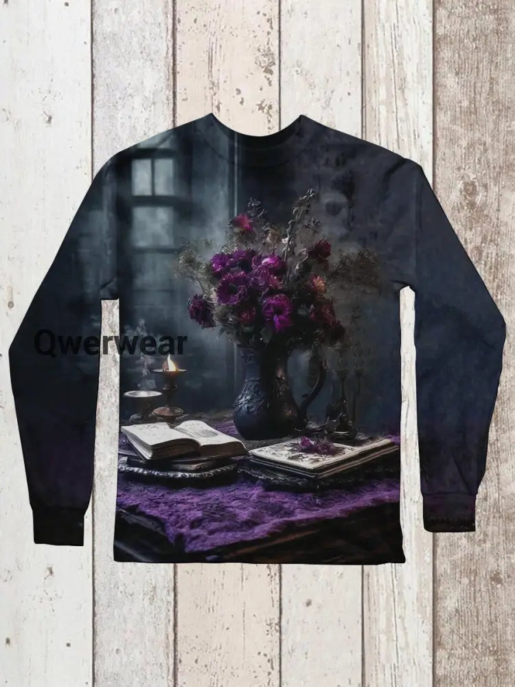 Magic Book Witch Art Print Unisex Crew Neck Long Sleeve Casual T-Shirt Black-Purple / S