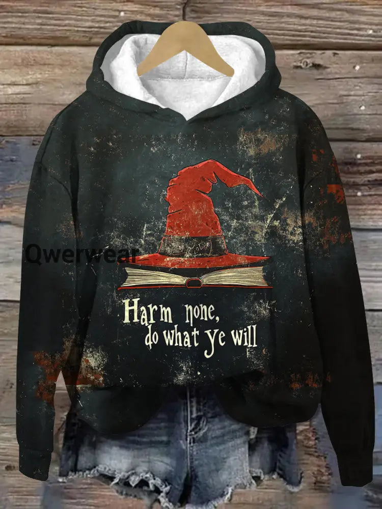 Magic Book Witch Art Print Unisex Long Sleeve Casual Hooded Sweatshirt Black / S