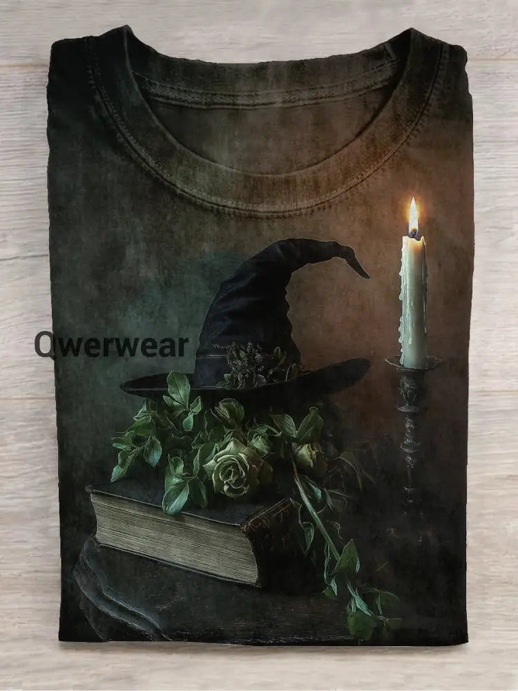 Magic Book Witch Art Print Unisex Round Neck Short Sleeve Casual T-Shirt Black-Brown / S