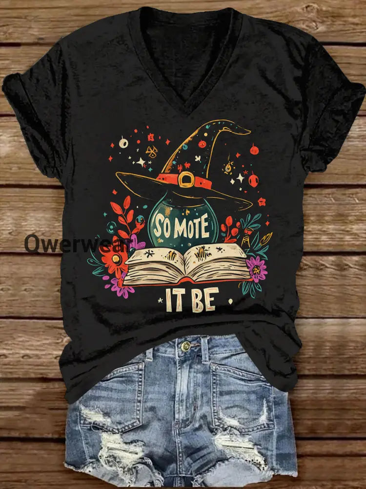 Magic Book Witch Art Print Unisex V-Neck Short Sleeve Casual T-Shirt Black / S