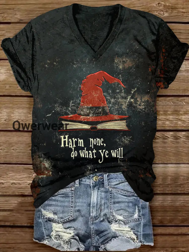 Magic Book Witch Art Print Unisex V-Neck Short Sleeve Casual T-Shirt Black / S