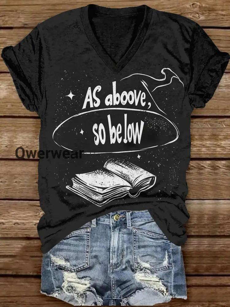 Magic Book Witch Art Print Unisex V-Neck Short Sleeve Casual T-Shirt Black / S