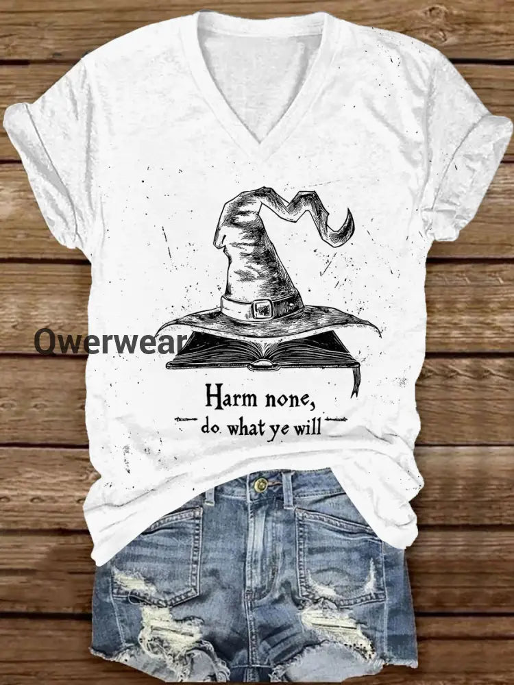 Magic Book Witch Art Print Unisex V-Neck Short Sleeve Casual T-Shirt White / S