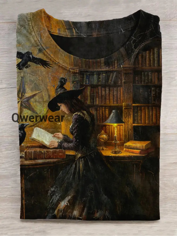 Magic Witch Art Shirt Printed Round Neck Short Sleeve Casual T Black-Brown / S