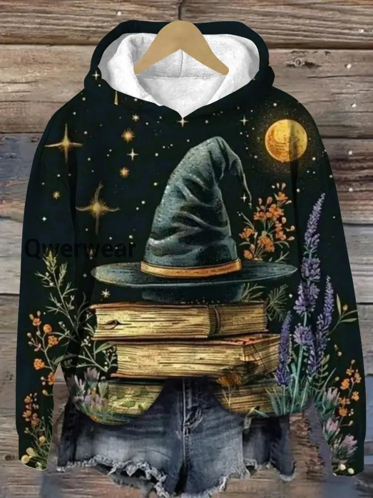 Magic Witch Magic Hat Art Print Round Neck Long Sleeve Casual Hooded Sweatshirt Black / S