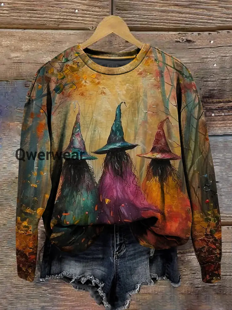 Magic Witch Magic Hat Art Print Round Neck Long Sleeve Casual Sweatshirt Brown / S