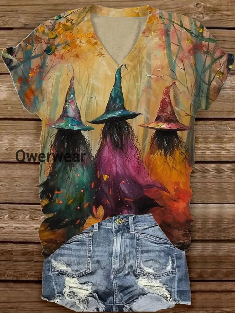 Magic Witch Magic Hat Art Print V-neck Short Sleeve Casual T-Shirt Orange / S