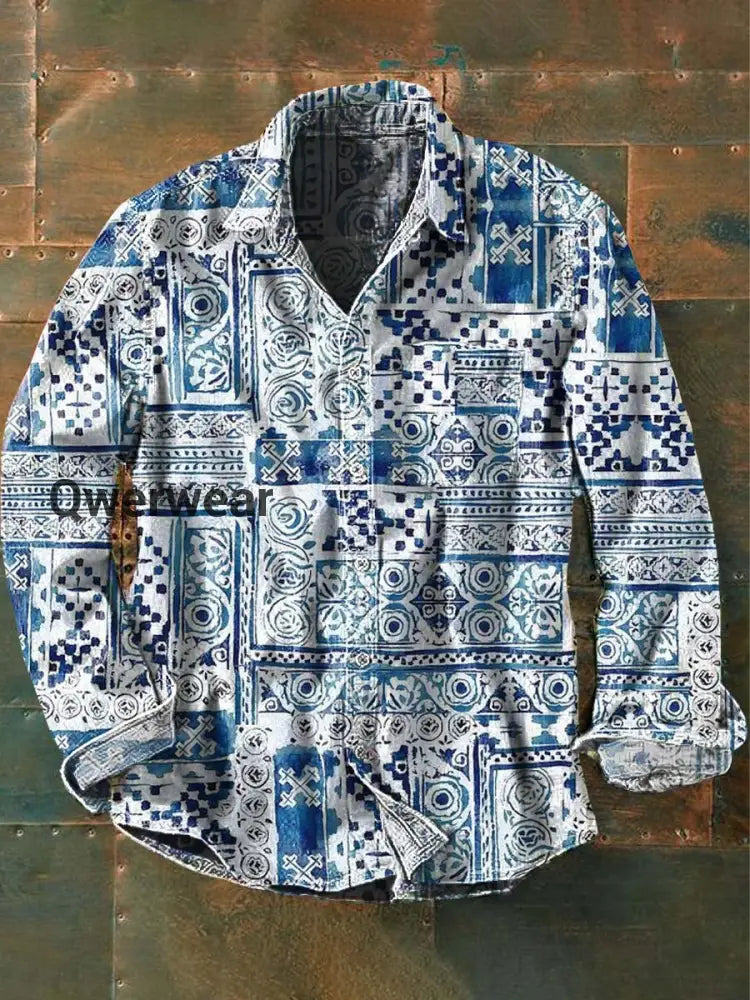 Men’s Blue and White Porcelain Floral Print Casual Lapel Long Sleeve Shirt As picture / S
