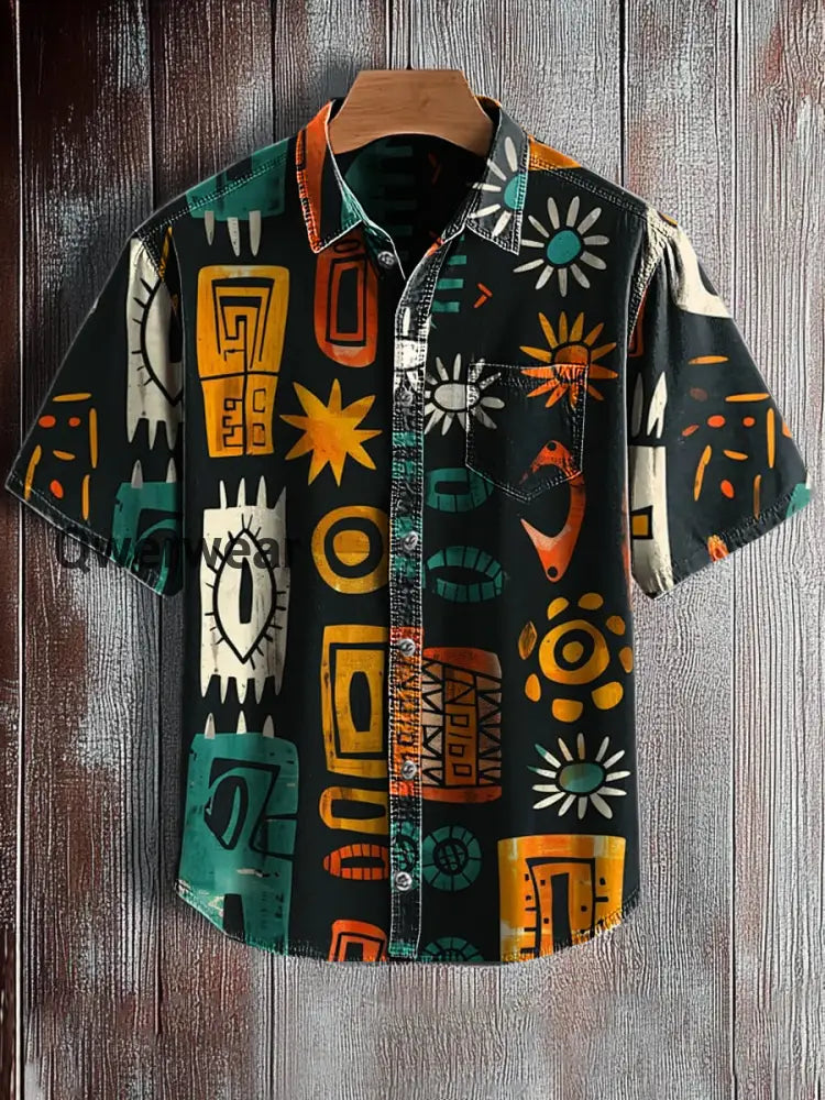 Men’s Hawaiian Retro Abstract Art Print Short Sleeve Pocket Shirt A / S