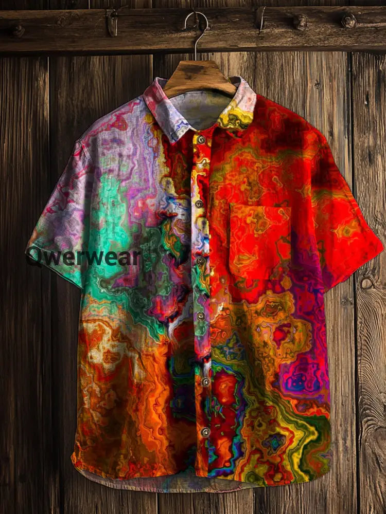 Men’s Retro Abstract Art Print Short Sleeve Pocket Shirt A / S