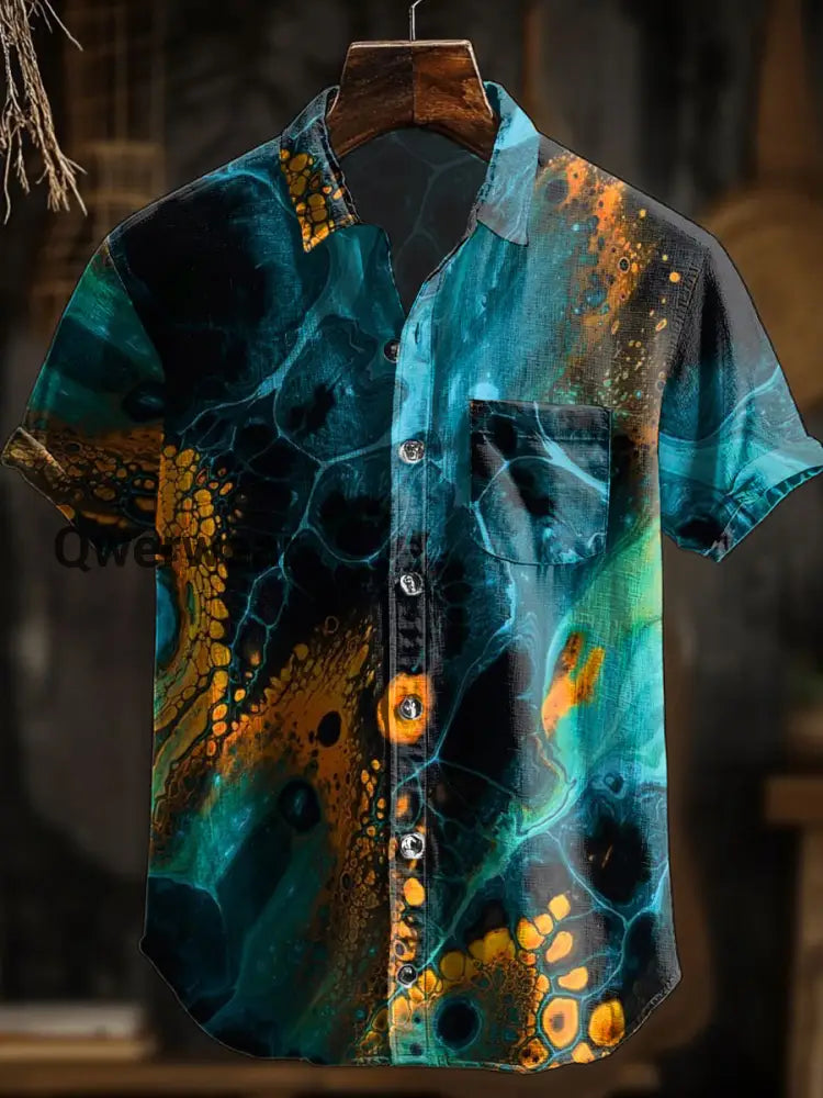Men’s Retro Abstract Art Print Short Sleeve Pocket Shirt A / S