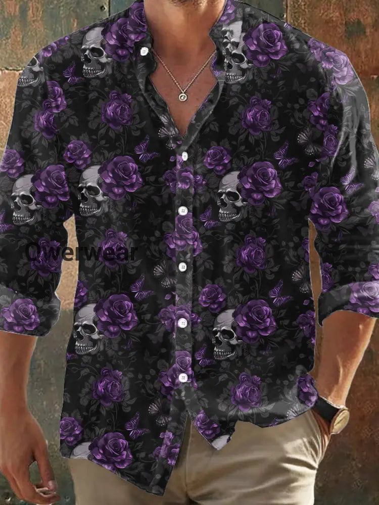 Men’s Retro Dark Style Skull Rose Butterfly Print Shirt Black / S Mens shirts