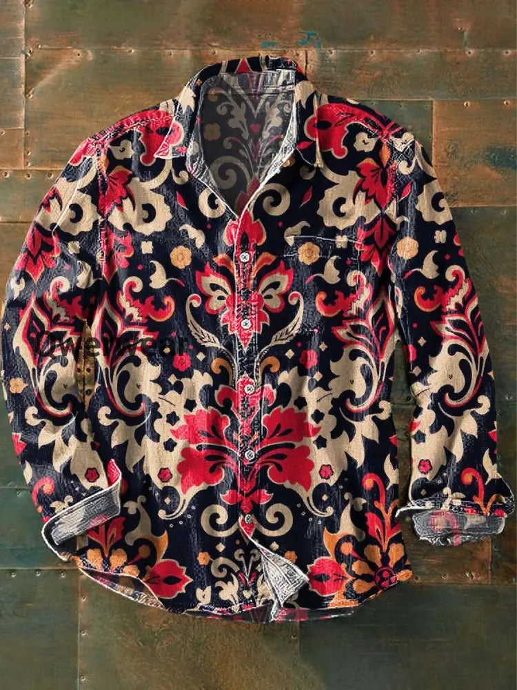 Men’s Retro Floral Print Casual Lapel Long Sleeve Shirt As picture / S Mens shirts