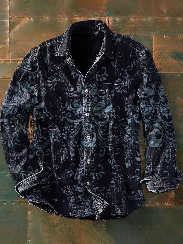 Unisex Men’s Retro Graphic Print Casual Long Sleeve Shirt Navy Blue / S Mens shirts