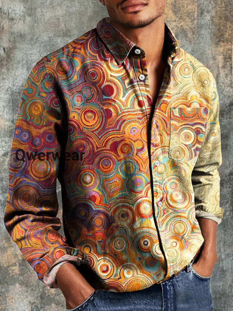 Men’s Vintage Abstract Cloud Scroll Art Print Casual Long Sleeve Shirt Colorful / S