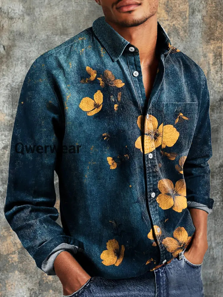 Men’s Vintage Abstract Floral Art Print Casual Long Sleeve Shirt Colorful / S