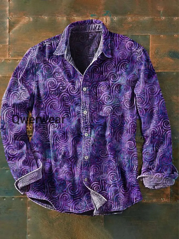 Mens Vintage Abstract Print Casual Lapel Long Sleeve Shirt As picture / S Mens shirts