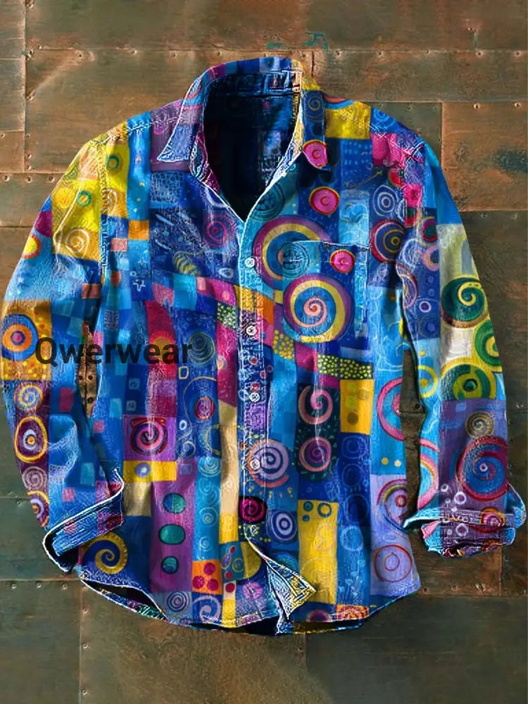 Mens Vintage Abstract Print Casual Long Sleeve Shirt As picture / S Mens shirts