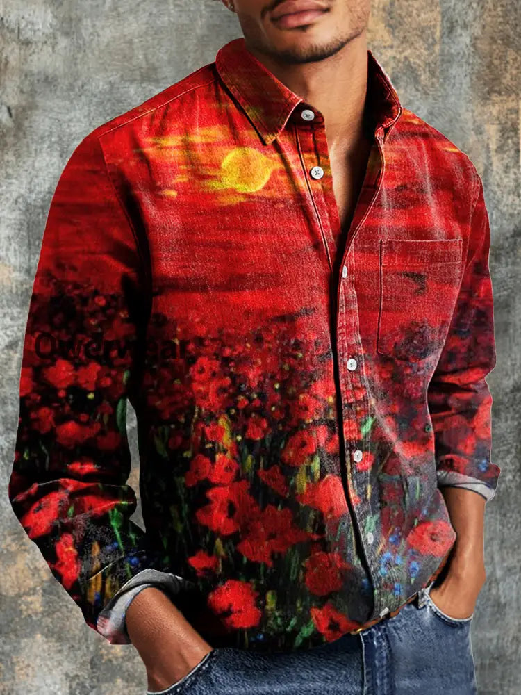 Men’s Vintage Abstract Sunset Rose Art Print Casual Long Sleeve Shirt Colorful / S